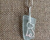 Ocean Tumbled White Sea Glass Necklace Pendant with a Silver Cat