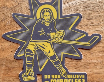 Hockey Jesus (Do You Believe In Miracles?) funny die cut sticker