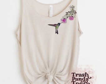 Small hummingbird and flower women’s slouchy tank - loose, lightweight, flattering tank tops for women - cute drapey tank - new mom tank