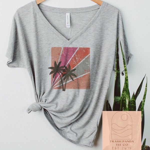 Women’s slouchy oversized V-neck T-shirt - abstract vintage aesthetic beachy design tee - flattering V-neck tees for women - beachy deep V