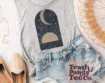 Abstract moon phases landscape arch design women’s muscle tank - eclectic clothes for women - summer tank tops for women - boho summer tops