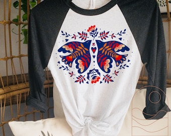 Boho Scandinavian birds design retro style 3/4 sleeve triblend raglan - retro aesthetic red and blue Swedish folk birds T-shirt - comfy tees