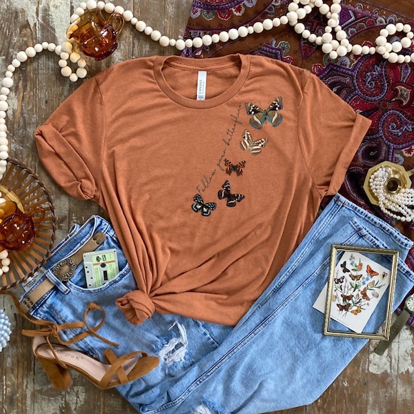 Boho women’s clothing - follow your butterflies - butterfly gypsy aesthetic women’s tees - 70s style women’s clothing - vintage style