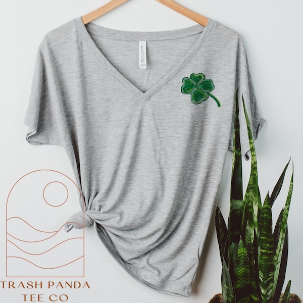 Luck o’ the Irish simple clover women’s slouchy V-neck top - small clover - St. Patrick’s Day - loose V-neck - flattering tiny shamrock