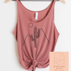 Minimalist hand drawn abstract landscape and cactus slouchy tank - flattering tank tops for women - boho clothing for women - mauve tank top