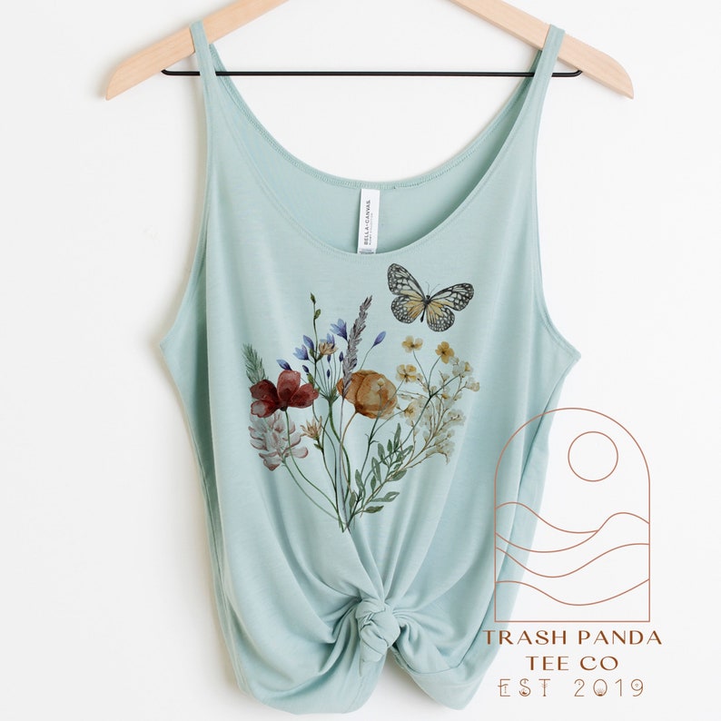 Vintage wildflowers and butterfly slouchy boho tank loose flattering tank tops for women flowy drapey tank lightweight summer tops image 2