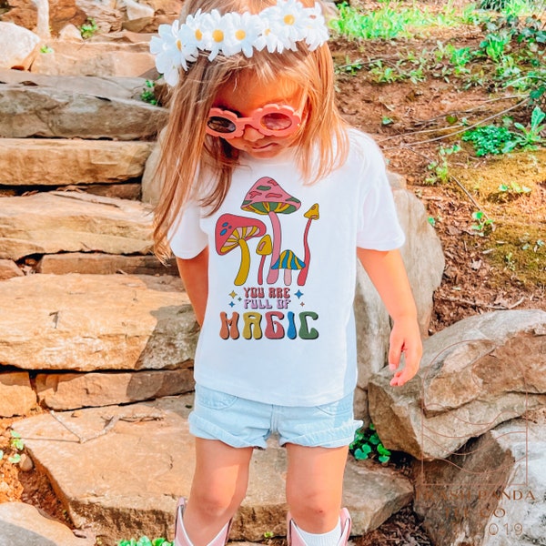 70s hippie style retro girls t-shirts - hippie clothes for girls - boho mushrooms - you are full of magic - cute hippie baby clothes