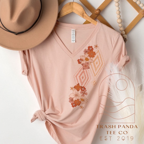 Retro flowers offset shoulder design women’s V-neck tee - 70s style tops - retro V-neck - 70s flowers - peach beige V-neck - orange brown