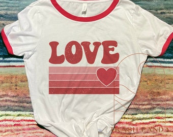 Retro style Valentine’s Day ringer tee - white and red ringer - 70s style love design - retro aesthetic Valentine’s Day tops for women