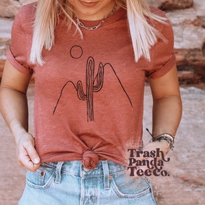 Womens boho minimalist cactus desert landscape scandi aesthetic cream T-shirt