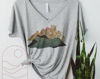 Loose flattering v-neck top - abstract mountain landscape - slouchy v-neck - flowy tops - drapey tops - mountain vacation - boxy tee