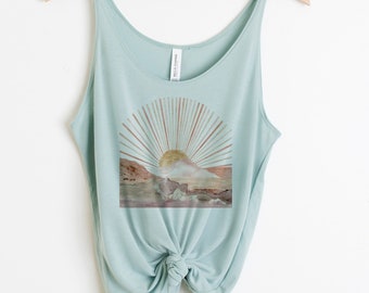 Soft gold abstract sunset landscape women’s slouchy tank - flattering comfortable tank tops for women - loose tops for women - pretty tank