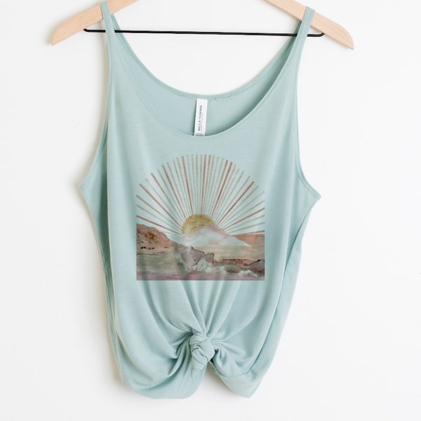 Soft gold abstract sunset landscape women’s slouchy tank - flattering comfortable tank tops for women - loose tops for women - pretty tank