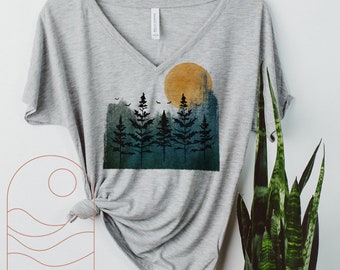 Distressed forest landscape slouchy V-neck tee - comfortable flattering casual hiking tees for women - cute camping top - flowy grunge pine