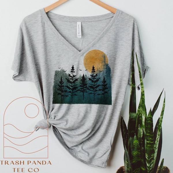 Distressed forest landscape slouchy V-neck tee - comfortable flattering casual hiking tees for women - cute camping top - flowy grunge pine