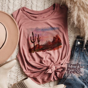 Desert landscape watercolor painted sunset aesthetic cactus women’s muscle tank - western muscle tank - lightweight sleeveless tee for women