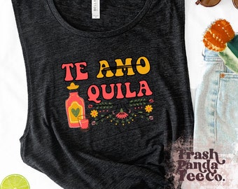 Te amo tequila women’s muscle tank - margarita quote T-shirts - tequila tank - Cinco De Mayo women’s clothes - black tank top - gray tank