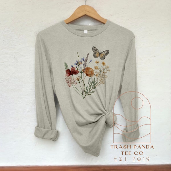 Long sleeve wildflower bouquet with butterflies tee for women - pretty boho floral top - vintage style loose flattering long sleeve gift