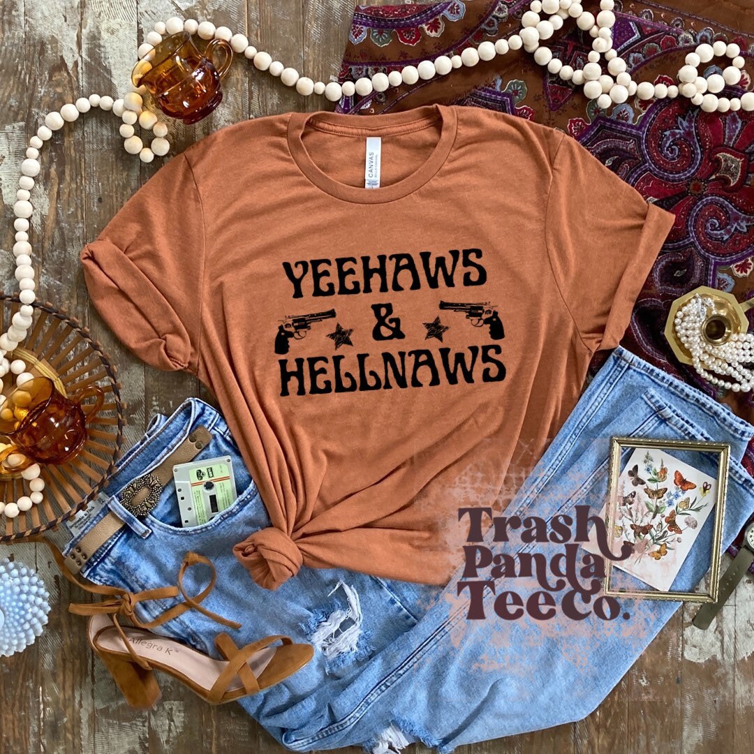 Womens Western Tshirts Yeehaws and Hell Naws Boho Cowboy Tee Brown and