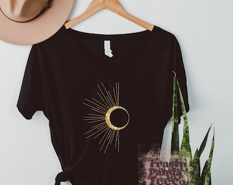 Minimalist sun design slouchy oversized V-neck tee - esoteric sun design T-shirt for women - women’s boho V-neck T-shirts - flattering comfy