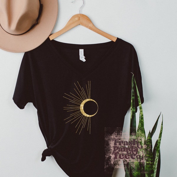 Minimalist sun design slouchy oversized V-neck tee - esoteric sun design T-shirt for women - women’s boho V-neck T-shirts - flattering comfy