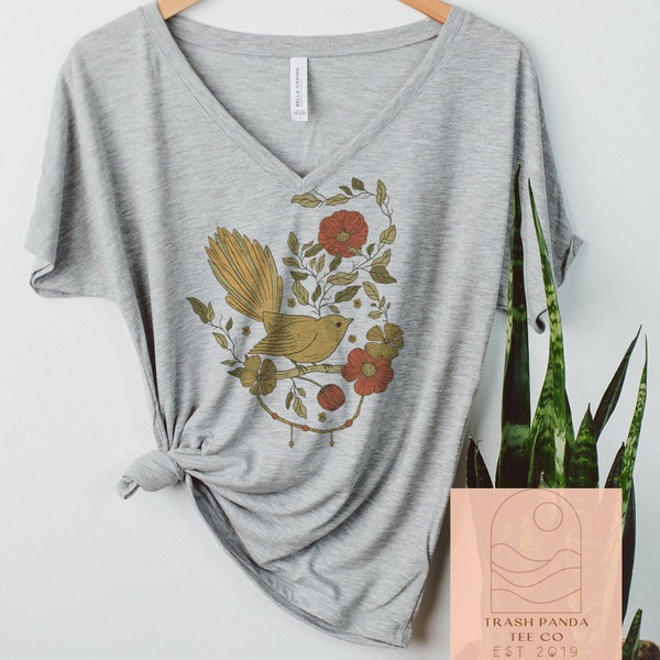 Art nouveau vintage aesthetic birds and flowers in gold and coral slouchy oversized V-neck tee for women - heather gray deep V neck top