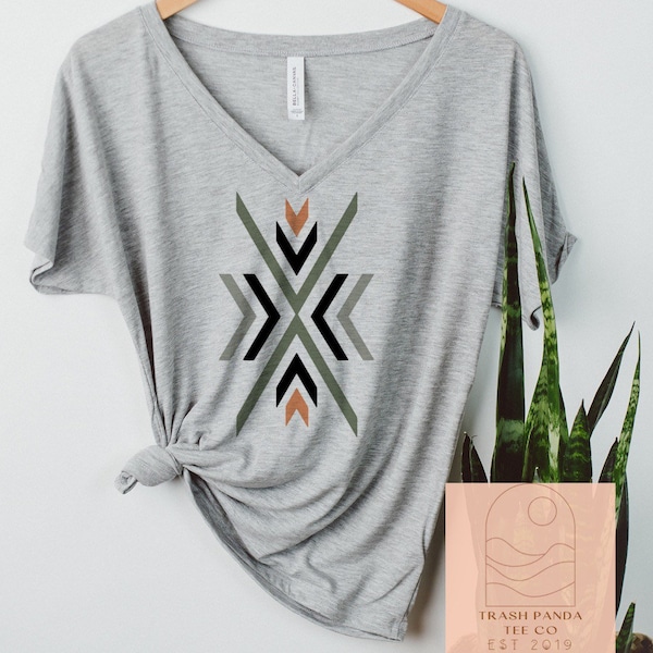 Minimalist olive, coral and black x design oversized women’s slouchy V-neck T-shirt - abstract shapes minimal design loose lightweight tee