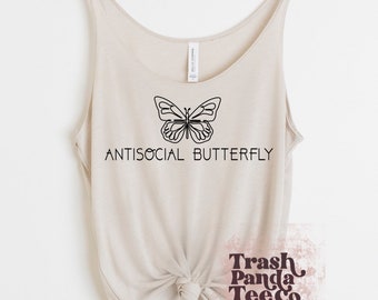 Antisocial butterfly minimalist style cute funny introvert women’s slouchy tank - dusty blue, beige, mauve, white tank tops for women