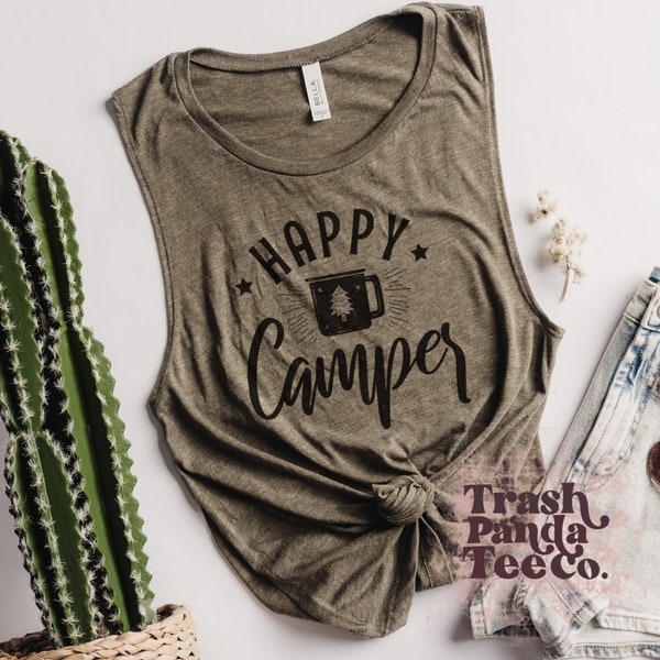 Happy camper tank - women’s muscle tank - camping outdoors lightweight sleeveless tee - olive green - peach tank top - mauve tank - camp tee