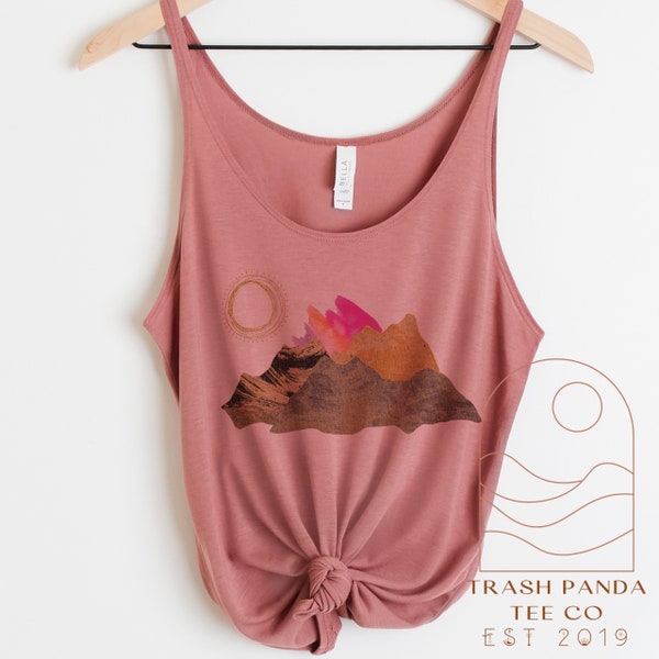 Loose flattering tank top for women - abstract mountain landscape sunset - boho tanks - camping hiking cute outdoorsy adventure tank