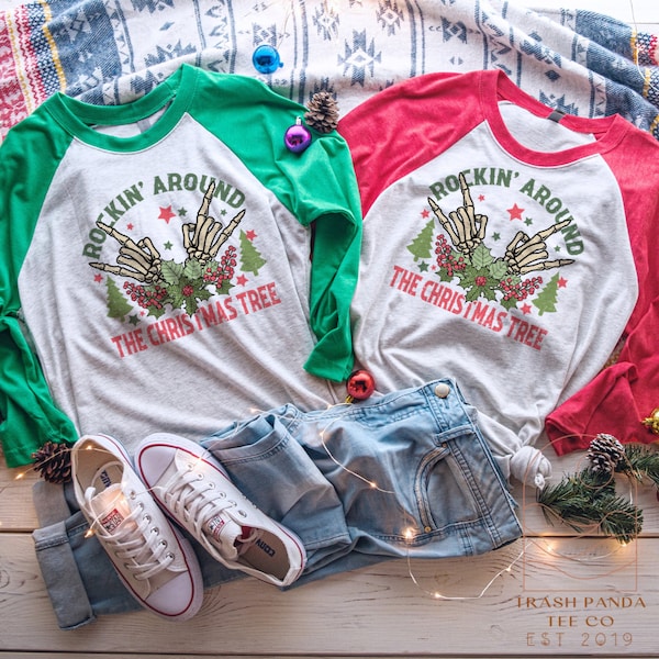 Christmas party rocker raglan - eclectic Christmas shirt for guys and ladies - matching his and hers Christmas concert tees - couples shirts