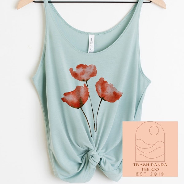Red oriental poppies abstract watercolor minimalist design chic women’s tank - flattering drapey tank tops for women - loose slouchy tank