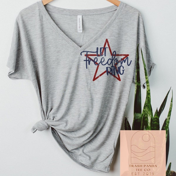 Let freedom ring heather gray V-neck - slouchy oversized V-neck tee - Fourth of July V-neck T-shirt for women - red white and blue