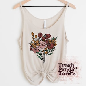 Women’s art nouveau vintage style floral mauve burgundy floral bouquet and monarch butterfly tank top - flattering lightweight tanks