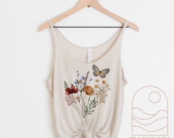 Vintage wildflowers and butterfly slouchy boho tank - loose flattering tank tops for women - flowy drapey tank - lightweight summer tops