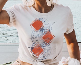 Women’s navy and coral abstract tie dye shapes summer T-shirt - beachy tees for women - beach swim coverup top - boho hippie tees for women