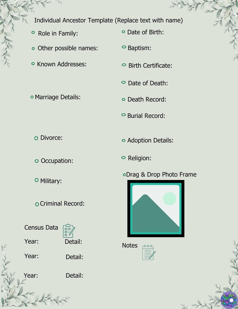 DIGITAL Ancestor Profile Templates Family Pack 9 Sheets Printable & 100 ...