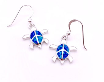 Orecchini a gancio a forma di tartaruga in argento sterling, conchiglie di opale blu