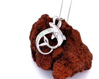 Silver Shark Necklace with White Opal, FREE Chain