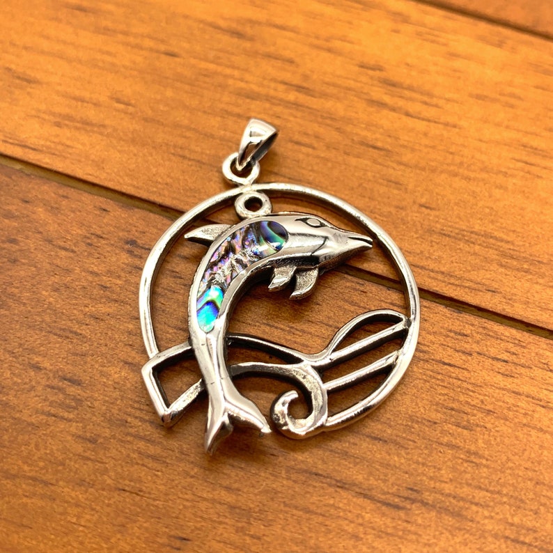 Wave Pendant comes with a FREE chain Silver Dolphin Pendant With Wave Abalone Shell Pendant