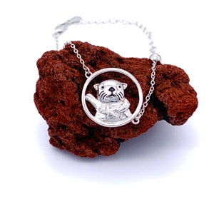 Silver Otter Bracelet, Cute 925 Sterling Silver Otter Bracelet, Adjustable Sea Otter Bracelet