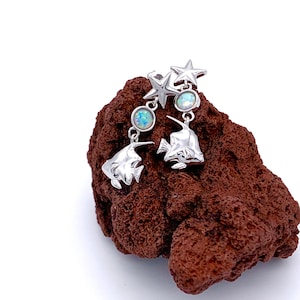 Silver Fish Earrings, 925 Sterling Silver Starfish and Anelfish Earrings, Sterling Silver Angelfish Earrings with White Opal