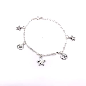 Silver Seashell Bracelet, Sea Shell Charm Bracelet with Starfish and Clam