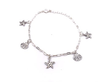 Silver Seashell Bracelet, Sea Shell Charm Bracelet with Starfish and Clam