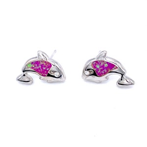Silver Dolphin Earrings, Silver Dolphin Stud Earrings With Pink Opal, Silver Pink Opal Fish Stud Earrings