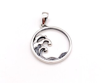 925 Sterling Silver Japanese Style Wave Pendant, comes with a FREE chain