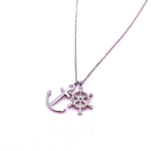 Silver Anchor Necklace, Platinum Plated Nautical Necklace with Zircon Stone