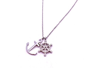 Silver Anchor Necklace, Platinum Plated Nautical Necklace with Zircon Stone
