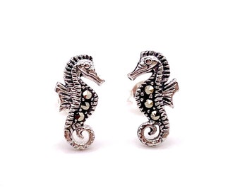 Oxidized 925 Silver Seahorse Stud Earrings