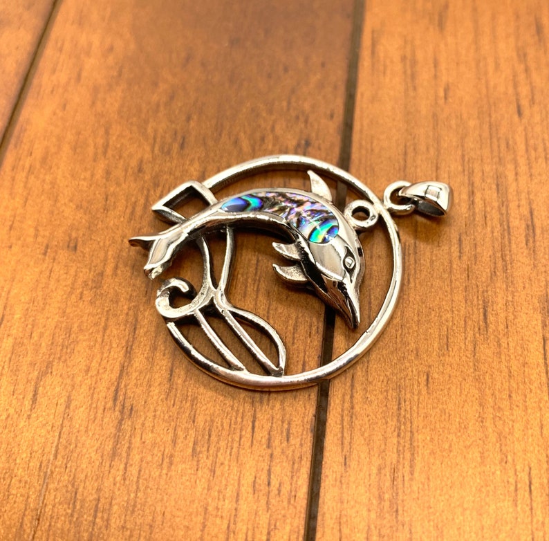 Wave Pendant comes with a FREE chain Silver Dolphin Pendant With Wave Abalone Shell Pendant